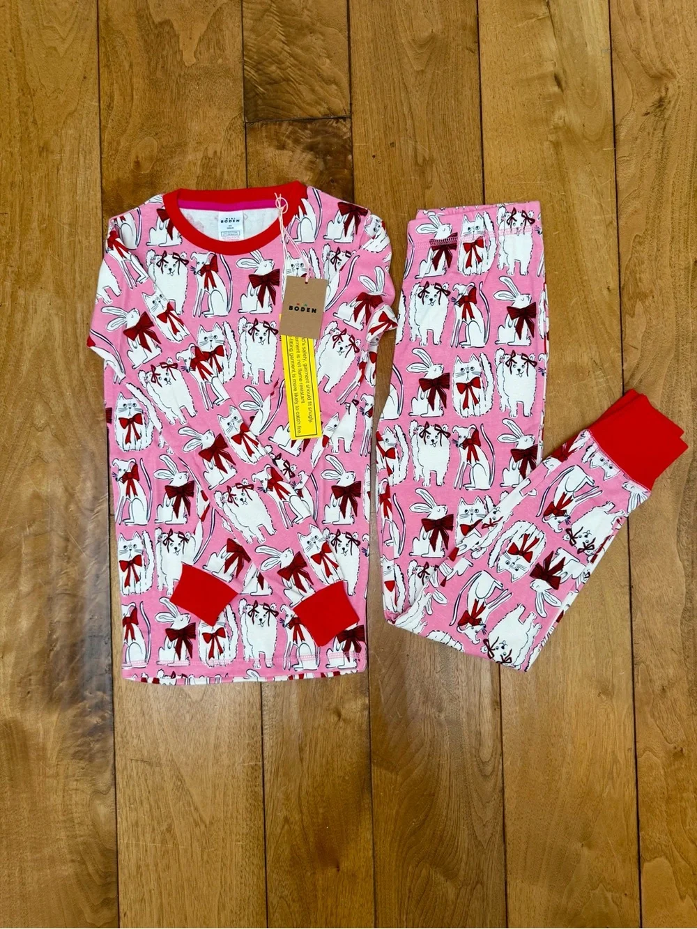 Mini Boden Girls Pajamas NWT Size 11Y Pink Cats Bunnies Bow Print